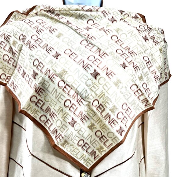 Unused Celine Paris Mini Scarf/Handkerchief Cotton 19" Beige Brown Logo (63 - Picture 2 of 6